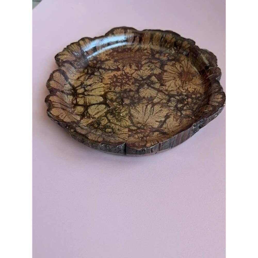 Vintage MCM Chrysanthemum Wood Live Edge Trinket Dish - Made in Taiwan